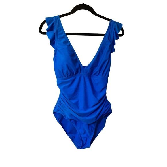 Ellen Tracy, one piece swimsuit, blue ruffle ruched bathing suit, size 14 - Picture 1 of 5